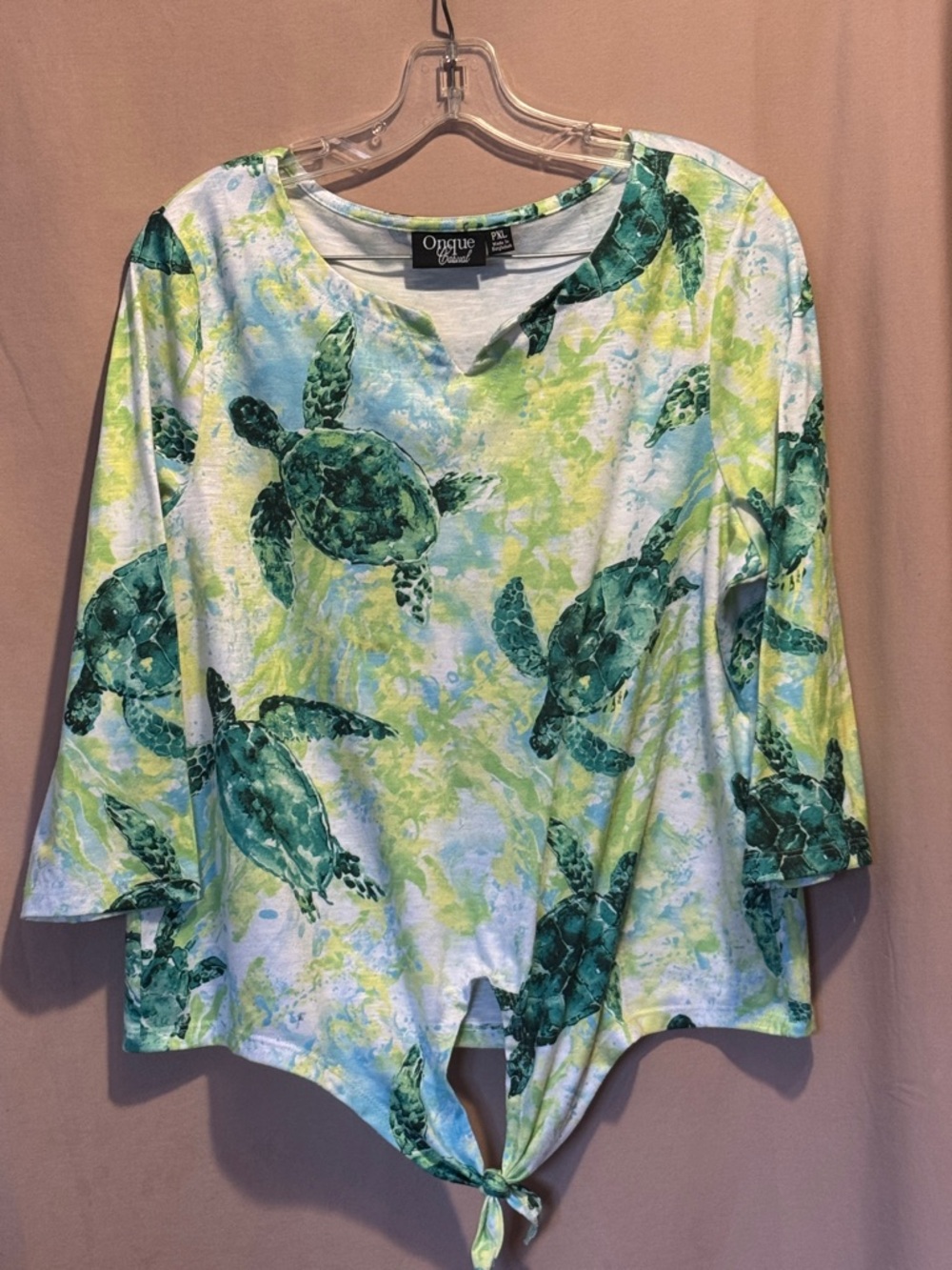 Onque Casuals Sea Turtle Tie-Front Long Sleeve Top in Green and Aqua